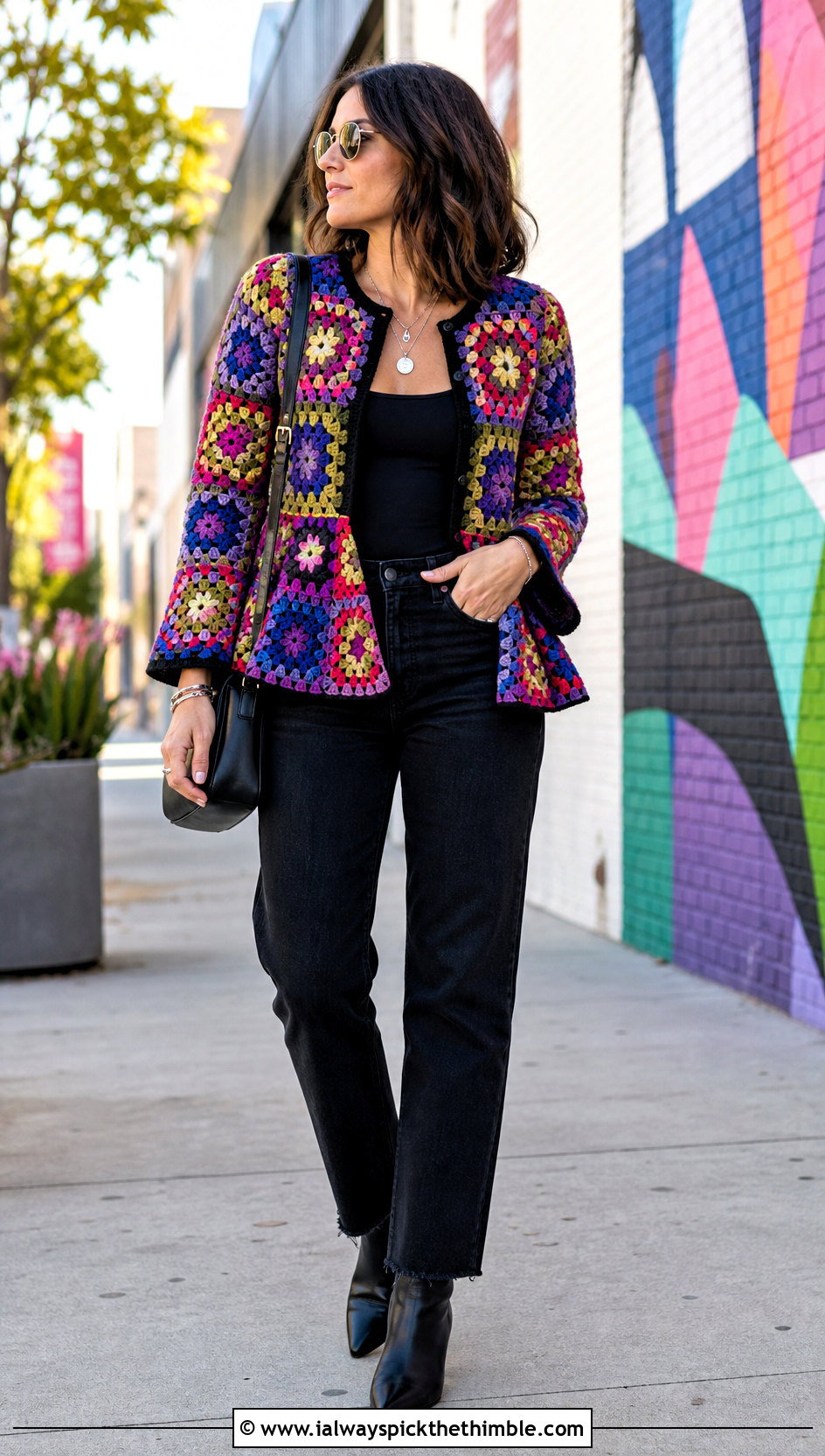 Granny Square Crochet Peplum Jacket With Black Jeans - 15 crochet peplum jacket outfit ideas