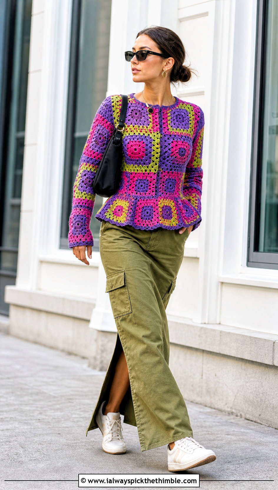 Granny Square Crochet Peplum Sweater With Cargo Maxi Skirt - 15 Crochet Peplum Sweater outfit ideas