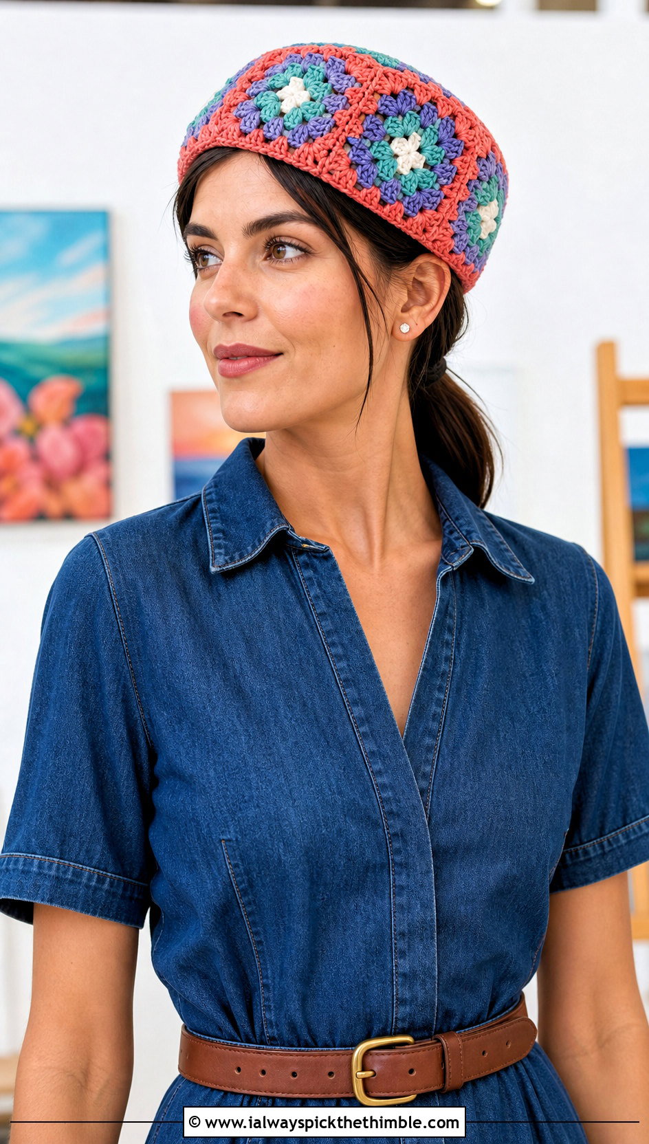 Granny Square Crochet Pillbox Hat With Denim Dress - 20 crochet pillbox hat outfit ideas