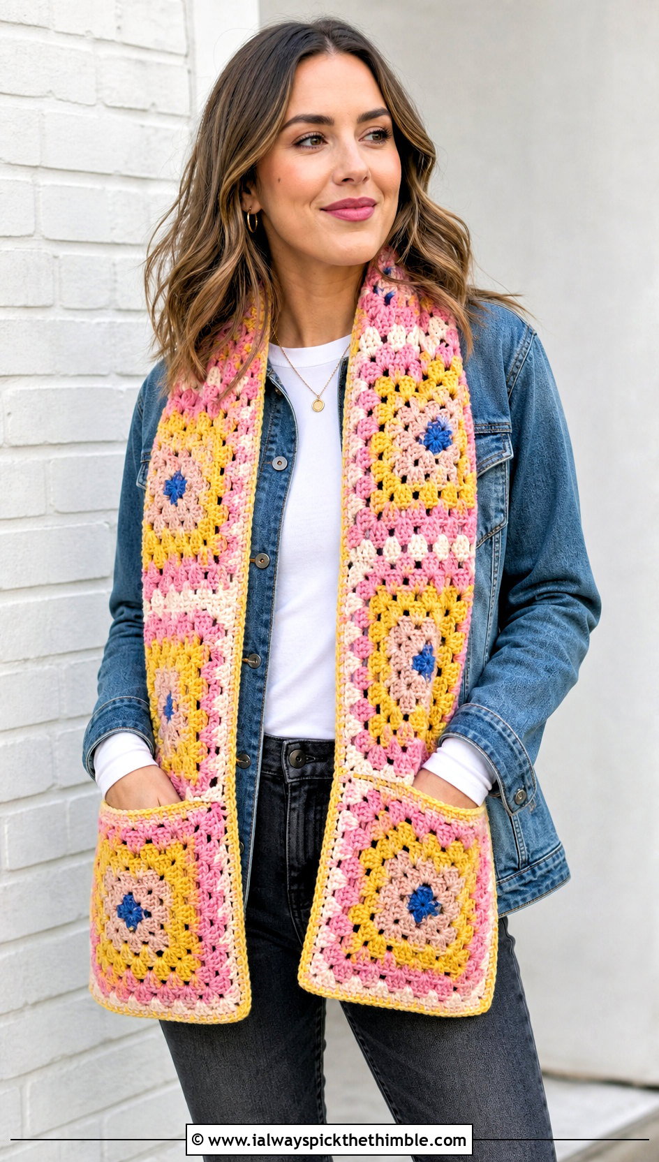 Granny Square Crochet Pocket Scarf With Denim Jacket - 15 Crochet Scarf With Hand Pockets outfit ideas