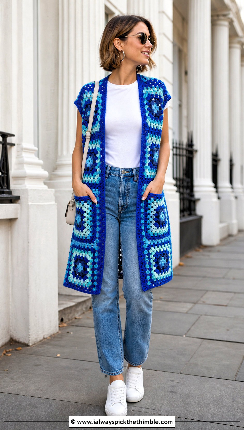Granny Square Crochet Pocket Wrap With Straight Leg Jeans - 20 Crochet Pocket Wrap outfit ideas