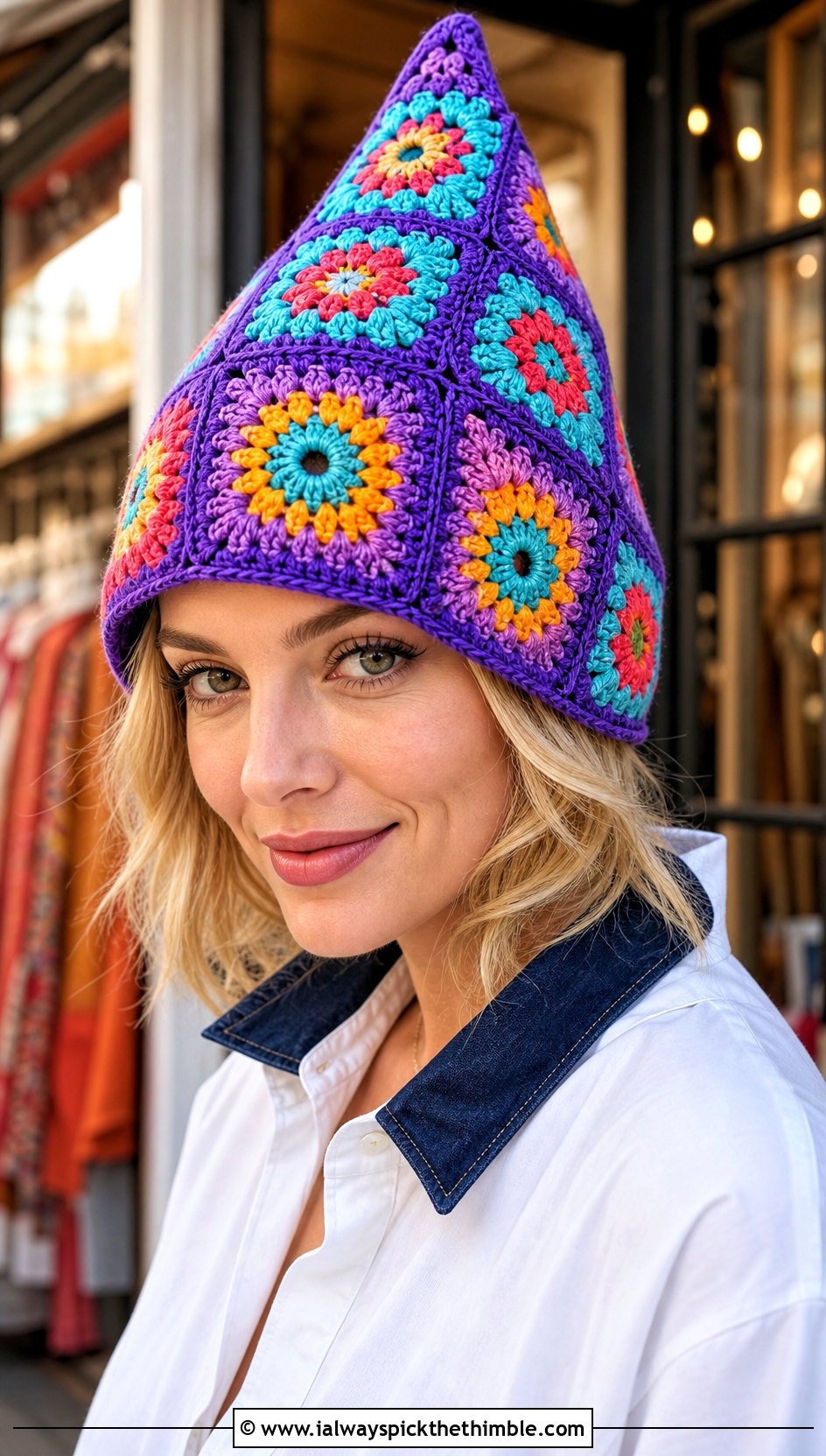 Granny Square Crochet Pointed Hat With Denim Midi Skirt - 20 Crochet Pointed Hat outfit ideas