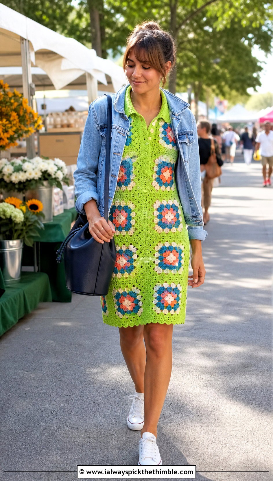Granny Square Crochet Polo Dress With Denim Jacket - 20 Crochet Polo Dress outfit ideas