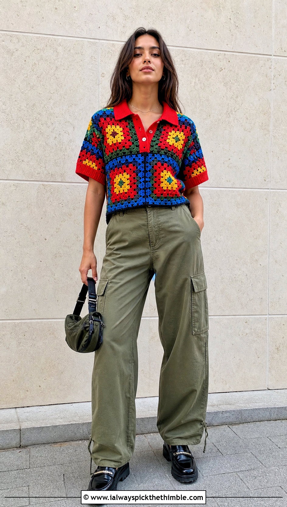 Granny Square Crochet Polo Shirt With Cargo Pants - 25 crochet polo shirt outfit ideas