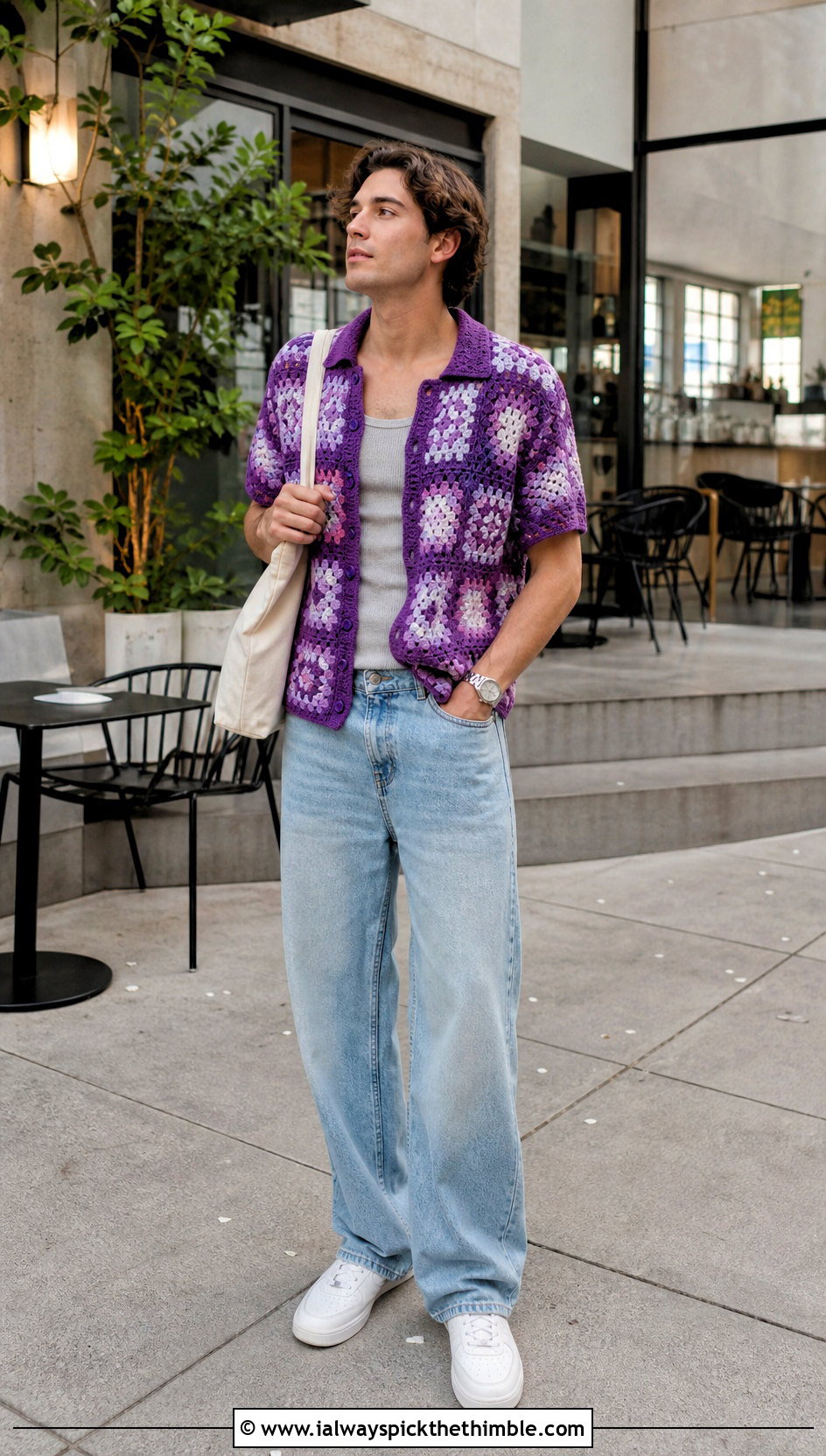 Granny Square Crochet Polo With Relaxed Jeans - 15 Mens Crochet Polo Shirt outfit ideas