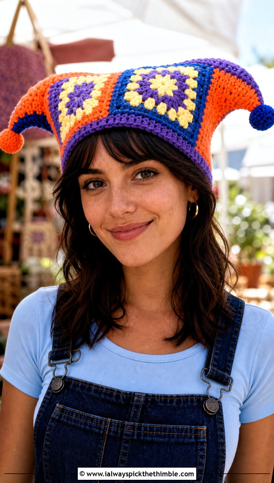 Granny Square Crochet Pomni Hat With Overalls - 25 Crochet Pomni Hat outfit ideas