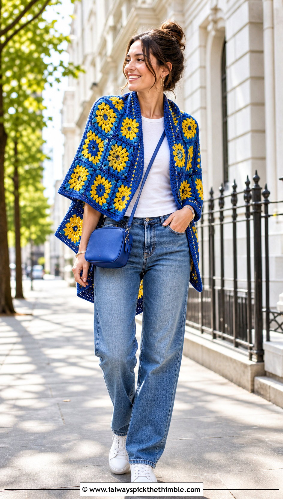 Granny Square Crochet Poncho Shawl With Straight Leg Jeans - 20 crochet poncho shawl outfit ideas