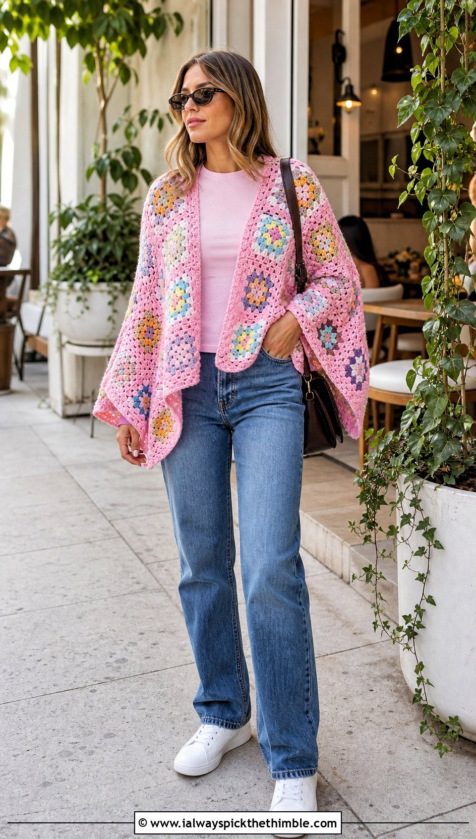 Granny Square Crochet Poncho Sweater With Straight Jeans - 25 crochet poncho sweater outfit ideas