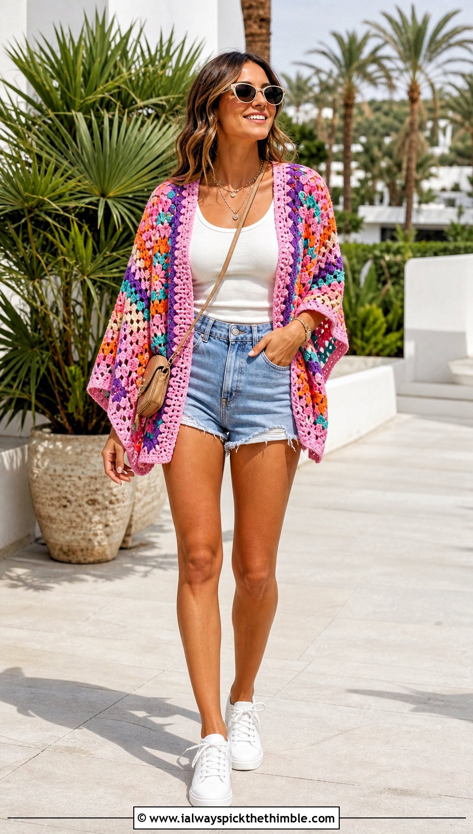 Granny Square Crochet Poncho Top With Denim Shorts - 20 Crochet Poncho Top outfit ideas