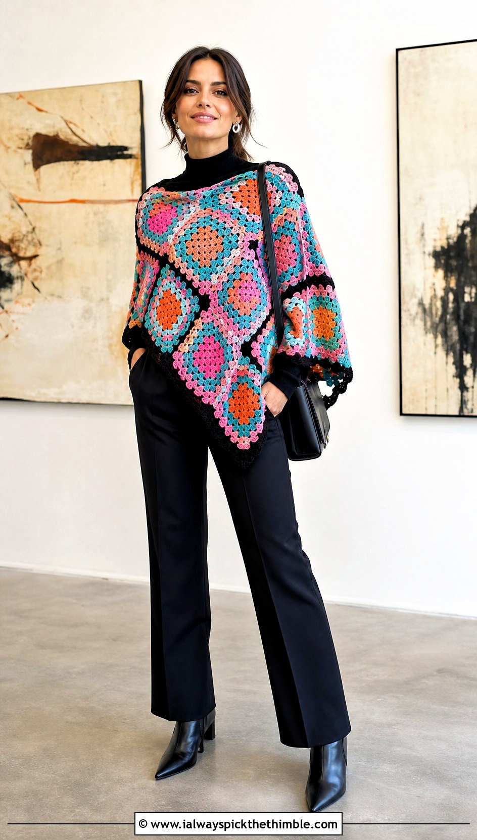 Granny Square Crochet Poncho With Black Trousers - 15 Crochet Shawls And Ponchos outfit ideas