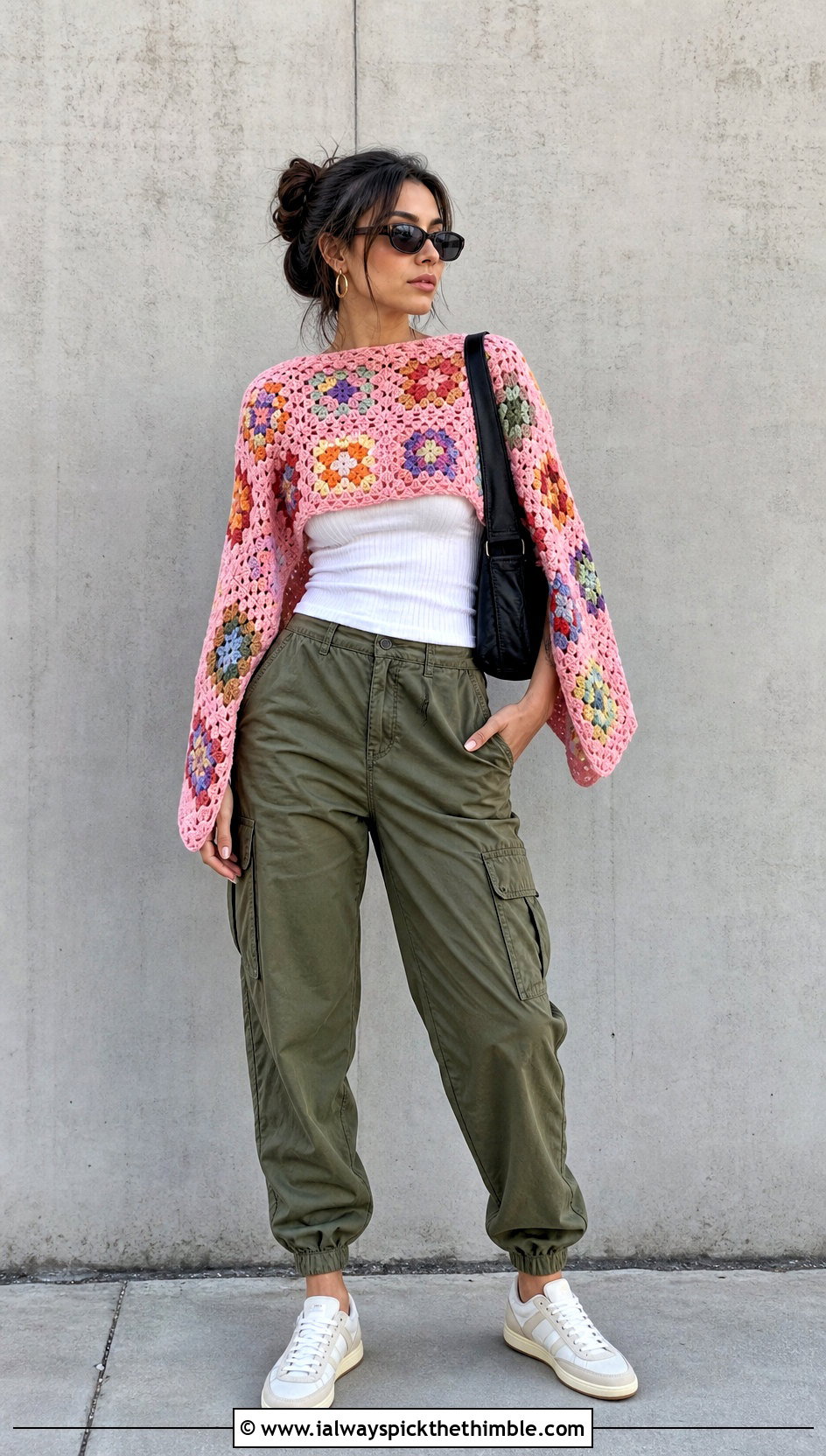 Granny Square Crochet Poncho With Cargo Pants - 20 Beginner Crochet Poncho outfit ideas