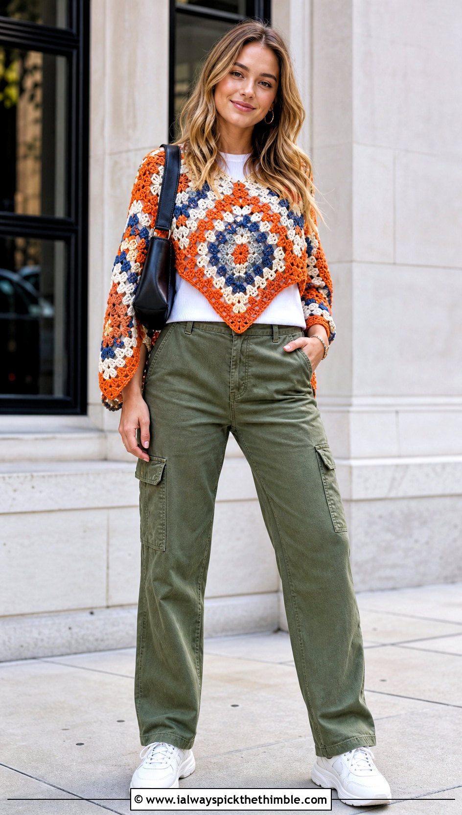 Granny Square Crochet Poncho With Cargo Pants - 15 Lightweight Crochet Poncho outfit ideas