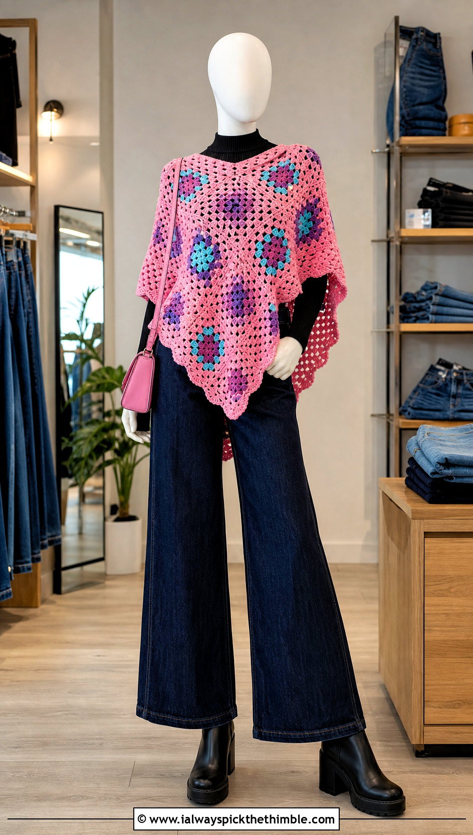 Granny Square Crochet Poncho With Dark Denim - 15 crochet poncho on mannequin outfit ideas