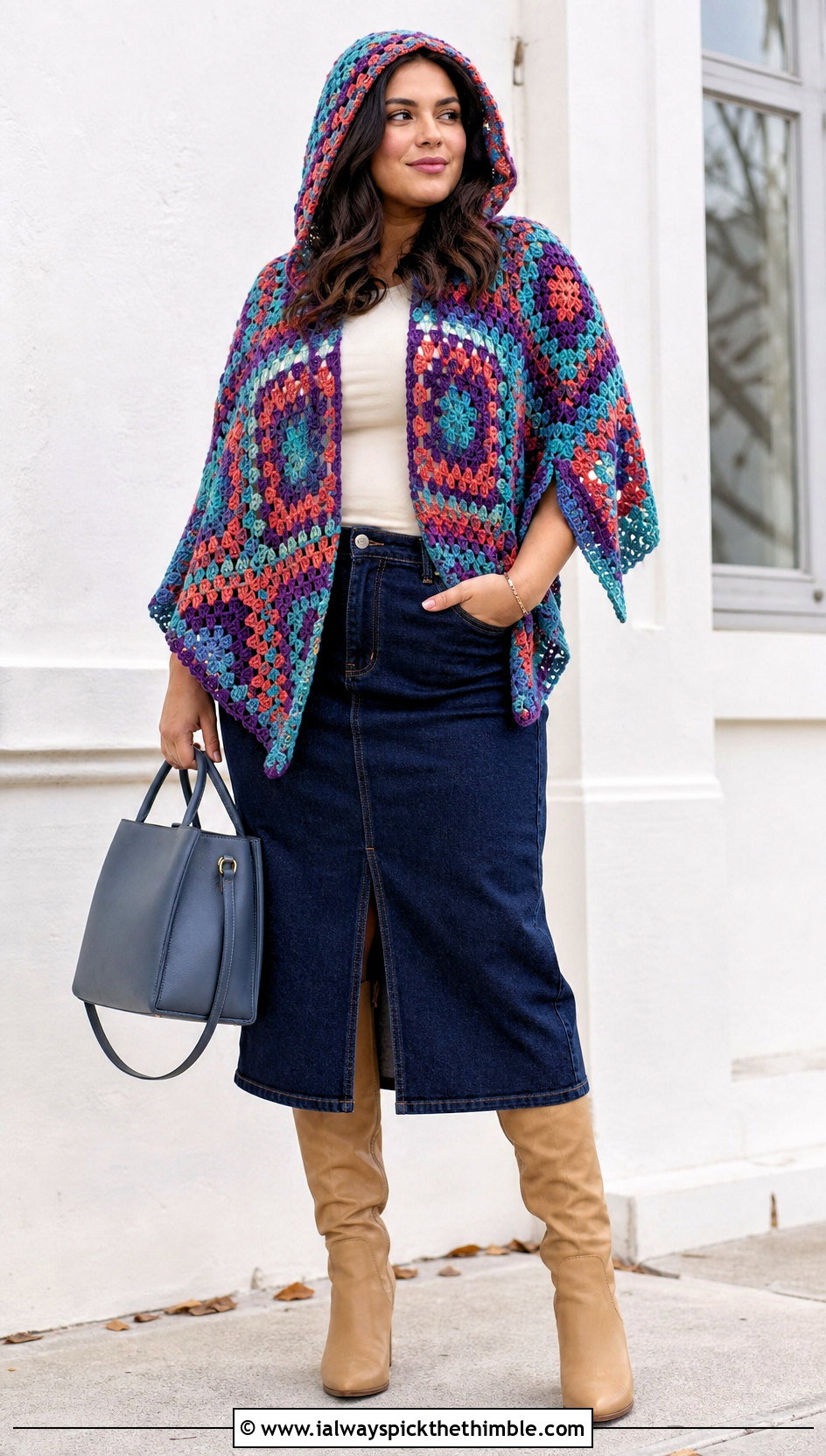 Granny Square Crochet Poncho With Hood and Denim Midi Skirt - 25 crochet poncho with hood outfit ideas