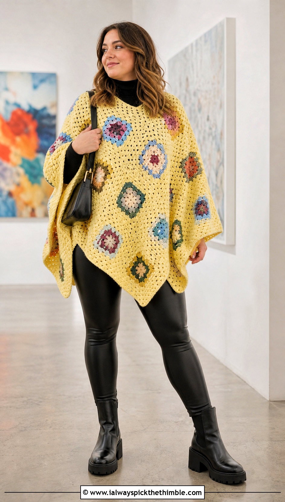 Granny Square Crochet Poncho With Leather Leggings - 20 woman winter crochet poncho outfit ideas