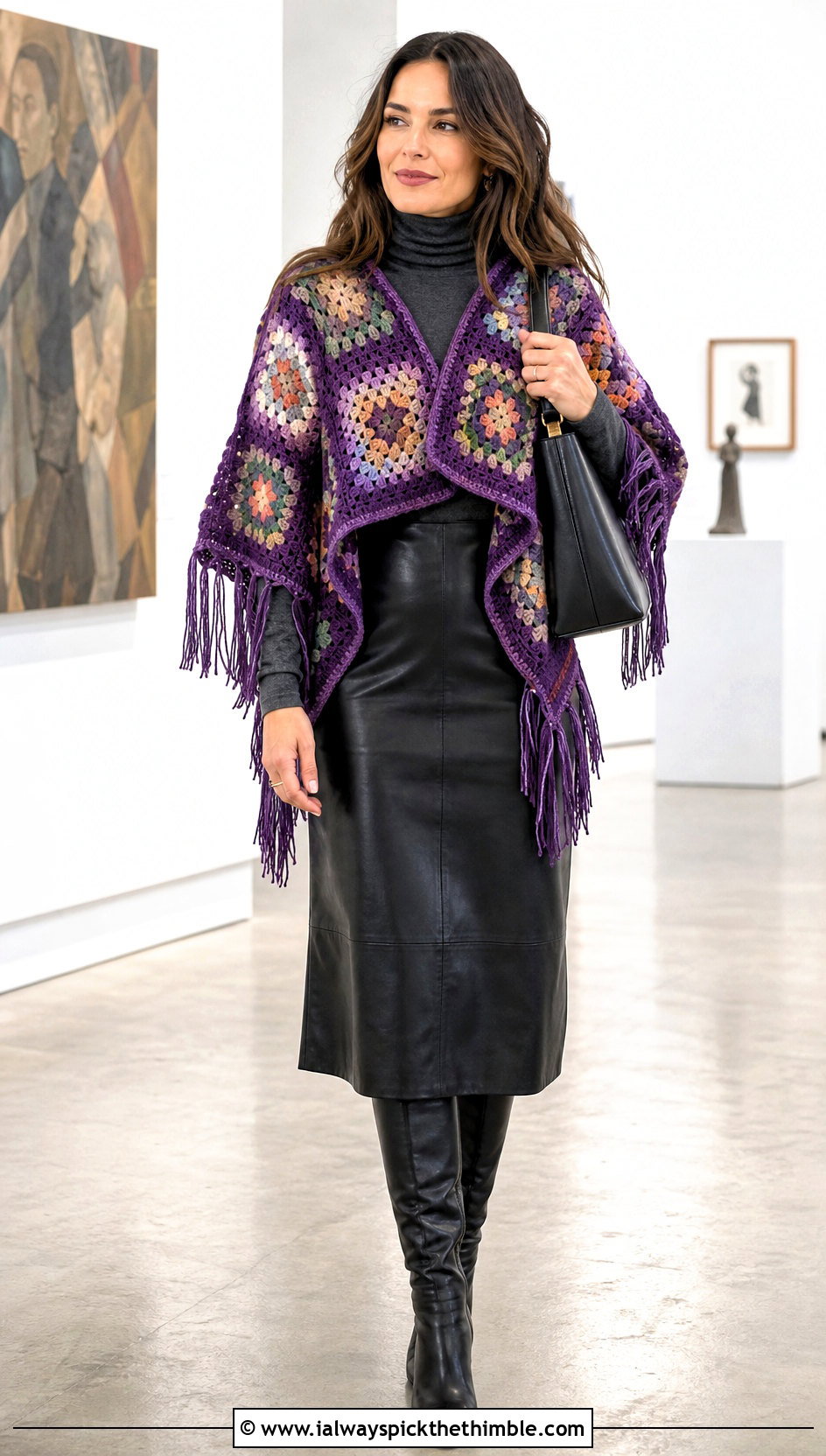 Granny Square Crochet Poncho With Leather Midi Skirt - 20 Crochet Fall Poncho outfit ideas