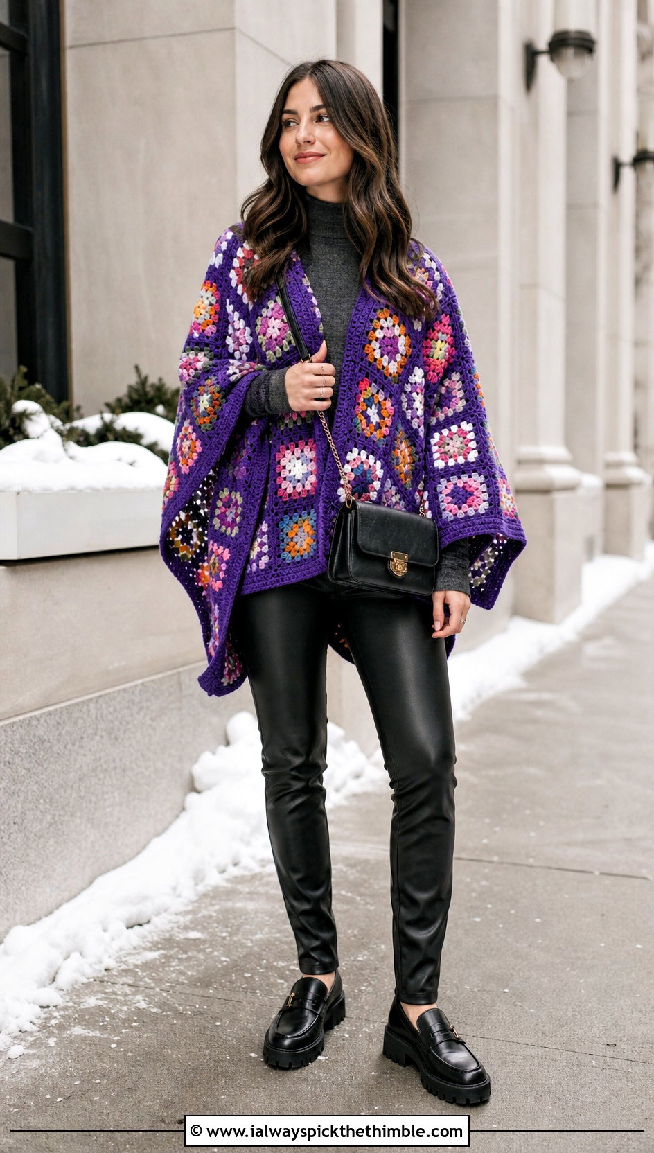 Granny Square Crochet Poncho With Leather Pants - 15 Winter Crochet Poncho outfit ideas