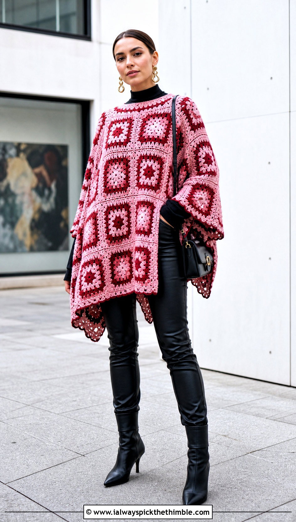Granny Square Crochet Poncho With Leather Pants - 15 Modern Crochet Poncho outfit ideas