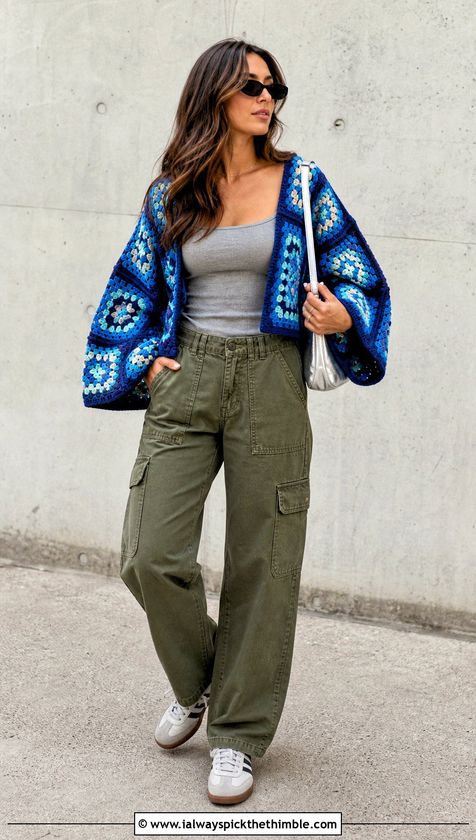 Granny Square Crochet Poncho With Sleeves And Cargo Pants - 20 crochet poncho with sleeves outfit ideas