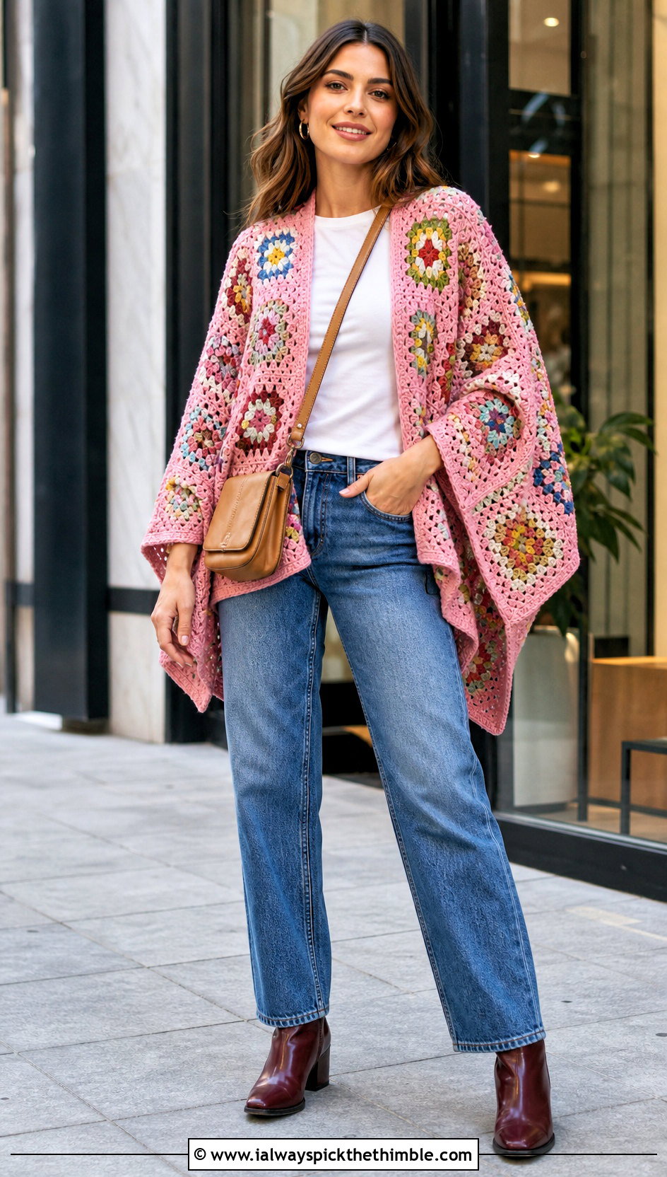Granny Square Crochet Poncho With Straight Jeans - 20 Crochet For Poncho outfit ideas
