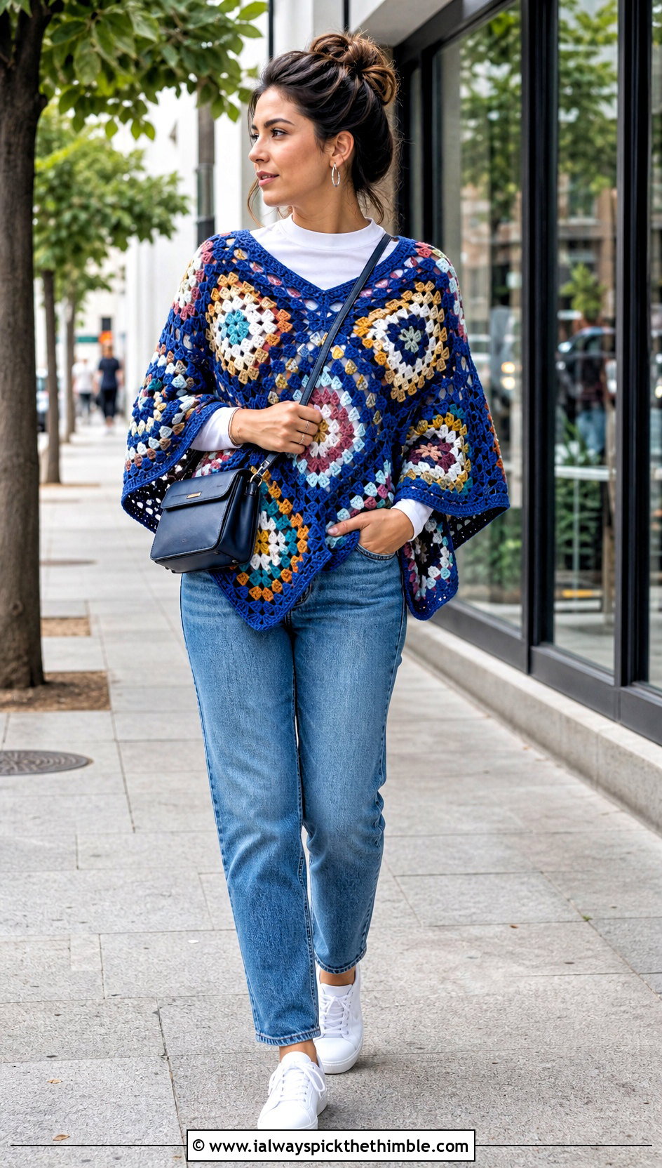 Granny Square Crochet Poncho With Straight Leg Jeans - 15 Crochet Womens Poncho outfit ideas