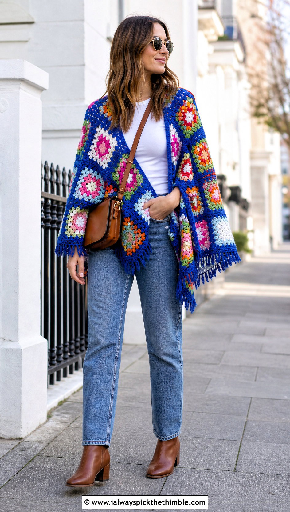 Granny Square Crochet Poncho With Straight Leg Jeans - 20 Simple Crochet Poncho outfit ideas