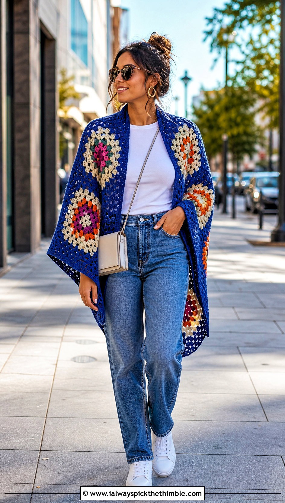 Granny Square Crochet Poncho With Straight Leg Jeans - 25 easy crochet poncho outfit ideas
