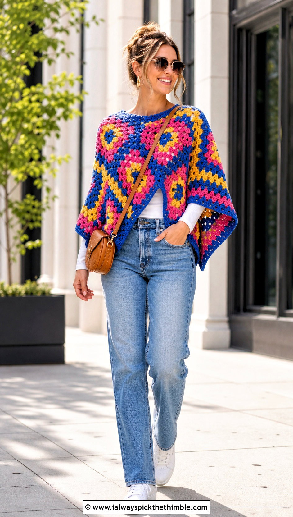 Granny Square Crochet Poncho With Straight Leg Jeans - 25 easy crochet poncho woman outfit ideas