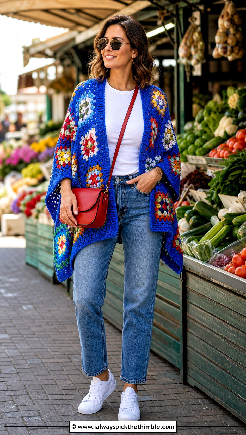 Granny Square Crochet Poncho With Straight Leg Jeans - 15 Easy Crochet Ponchos outfit ideas