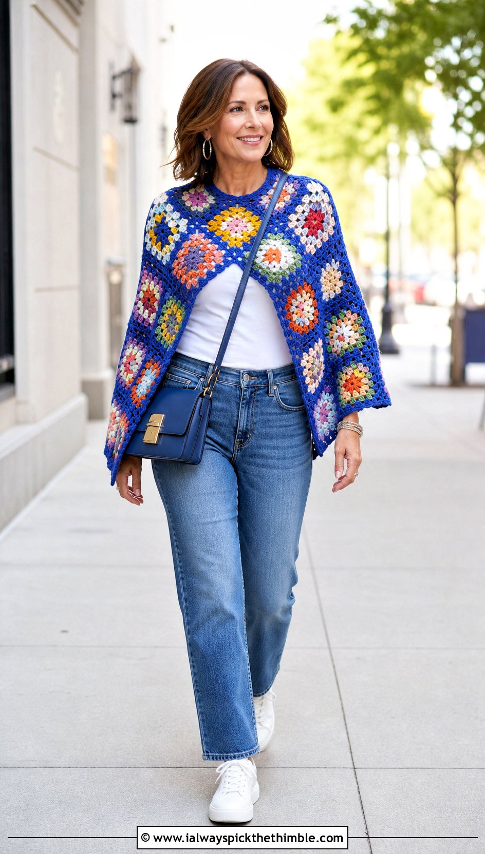 Granny Square Crochet Poncho With Straight Leg Jeans - 15 Quick Crochet Poncho outfit ideas
