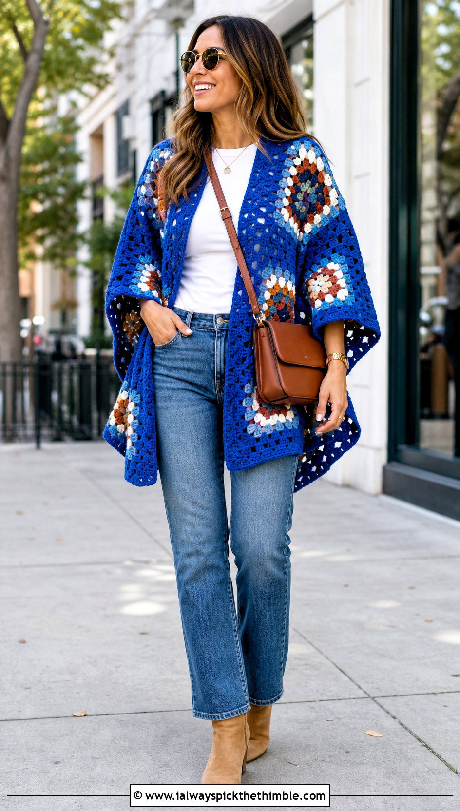 Granny Square Crochet Poncho With Straight Leg Jeans - 15 Vintage Crochet Poncho outfit ideas