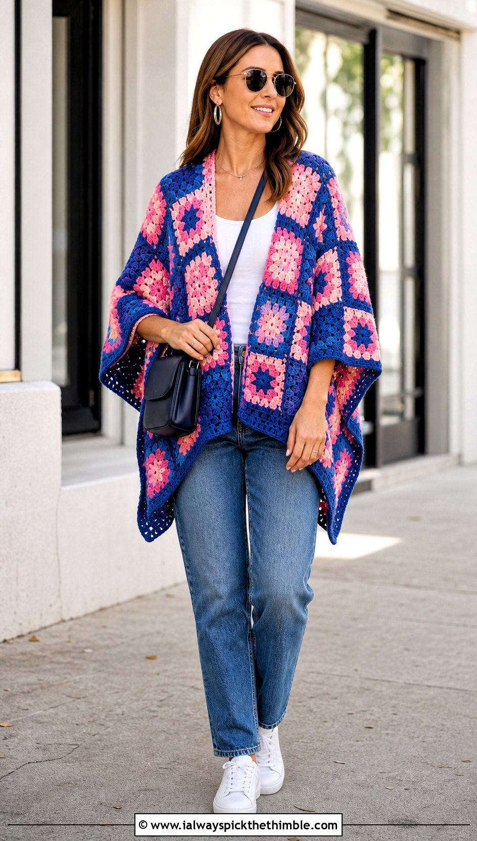 Granny Square Crochet Poncho With Straight Leg Jeans - 20 crochet poncho for women outfit ideas