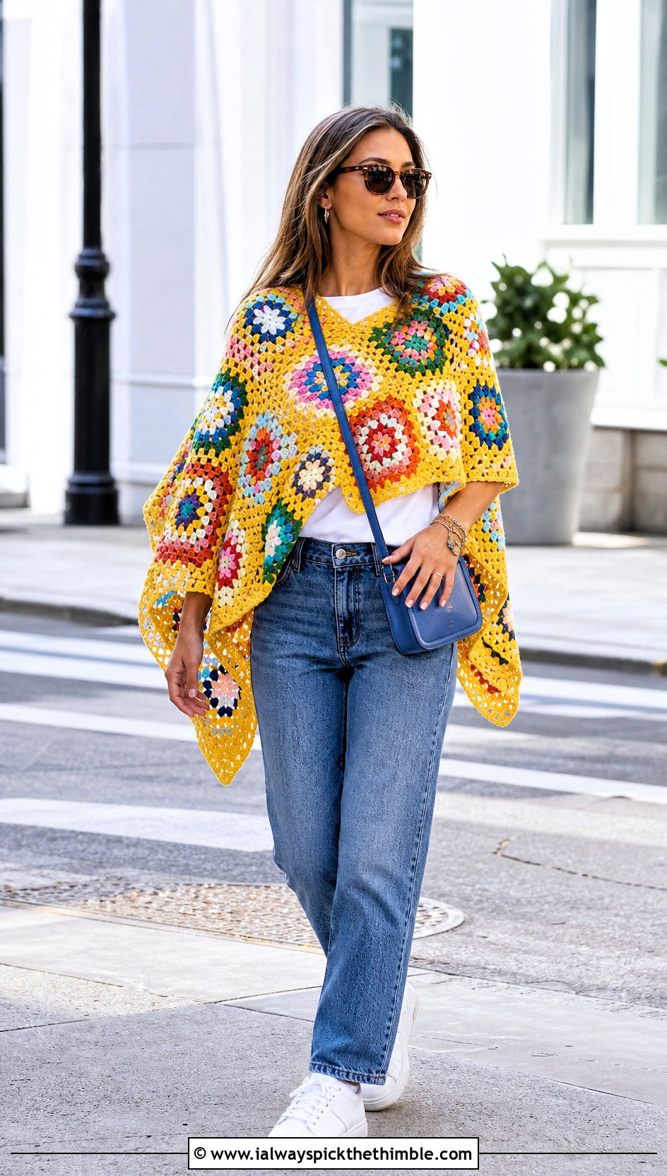Granny Square Crochet Poncho With Straight Leg Jeans - 20 Easy Simple Crochet Poncho outfit ideas