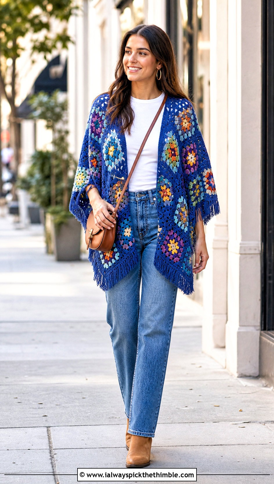 Granny Square Crochet Poncho With Straight Leg Jeans - 20 ladies crochet poncho outfit ideas
