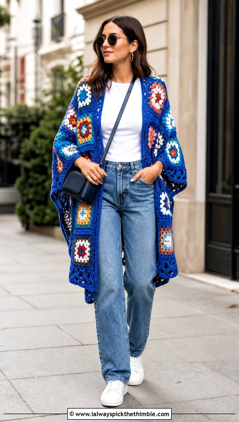 Granny Square Crochet Poncho With Straight Leg Jeans - 15 Crochet For Ponchos For Women outfit ideas
