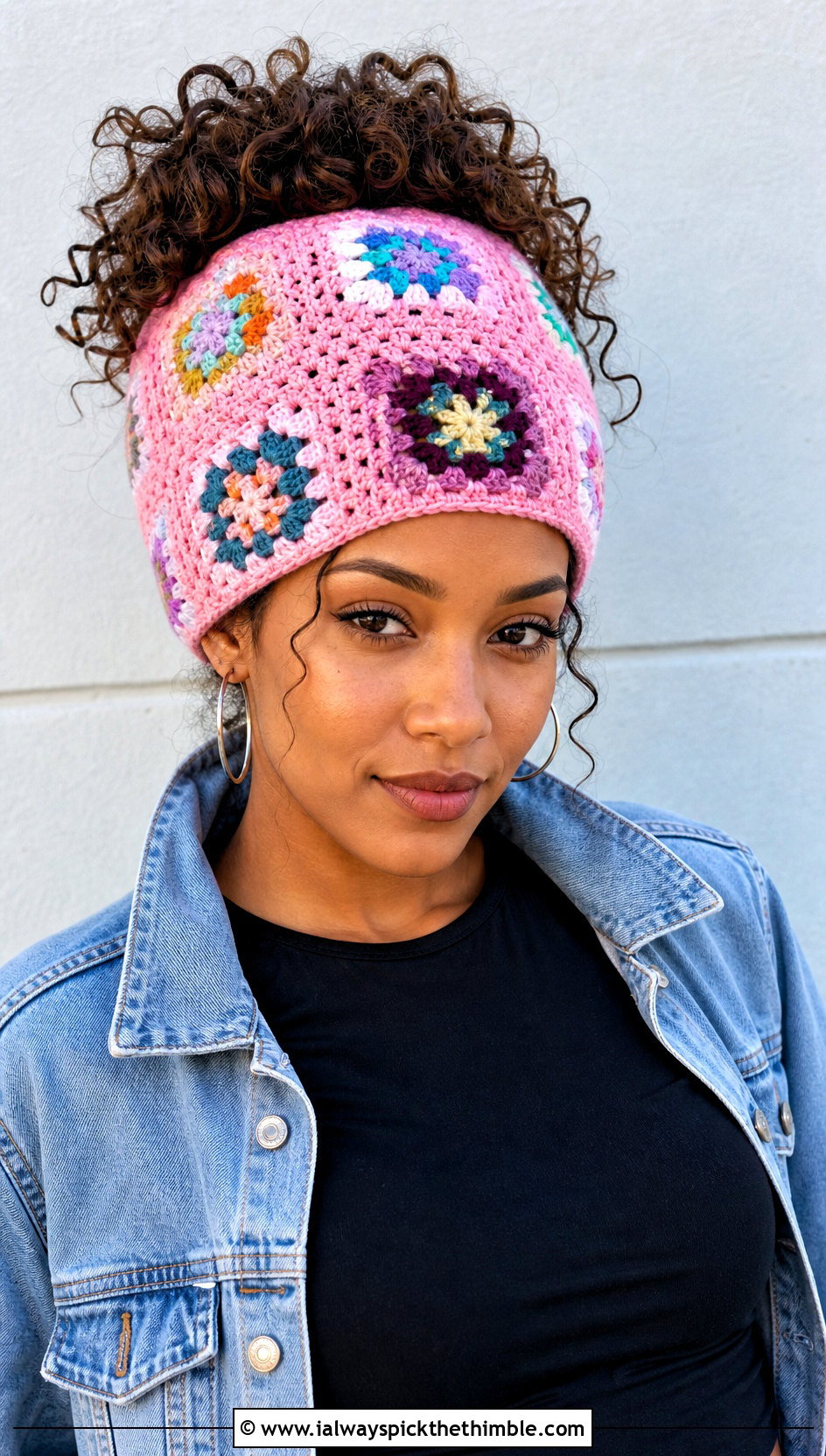 Granny Square Crochet Ponytail Hat With Denim Jacket - 20 crochet hat with ponytail hole outfit ideas