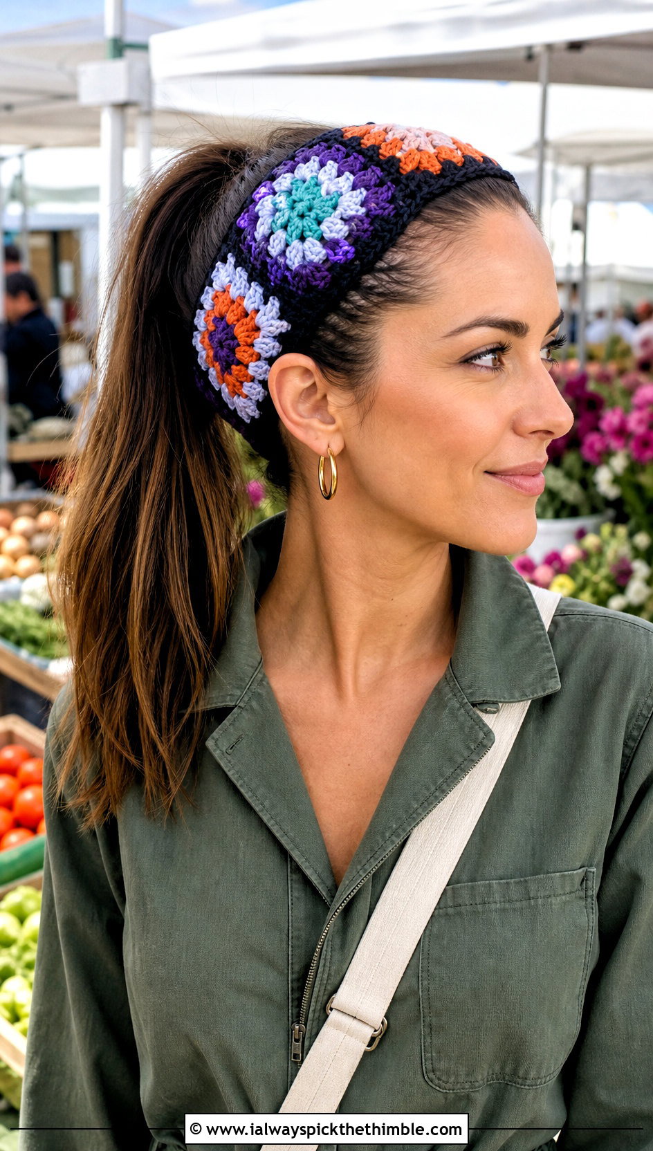 Granny Square Crochet Ponytail Headband With Utility Jumpsuit - 20 crochet headband with ponytail hole outfit ideas