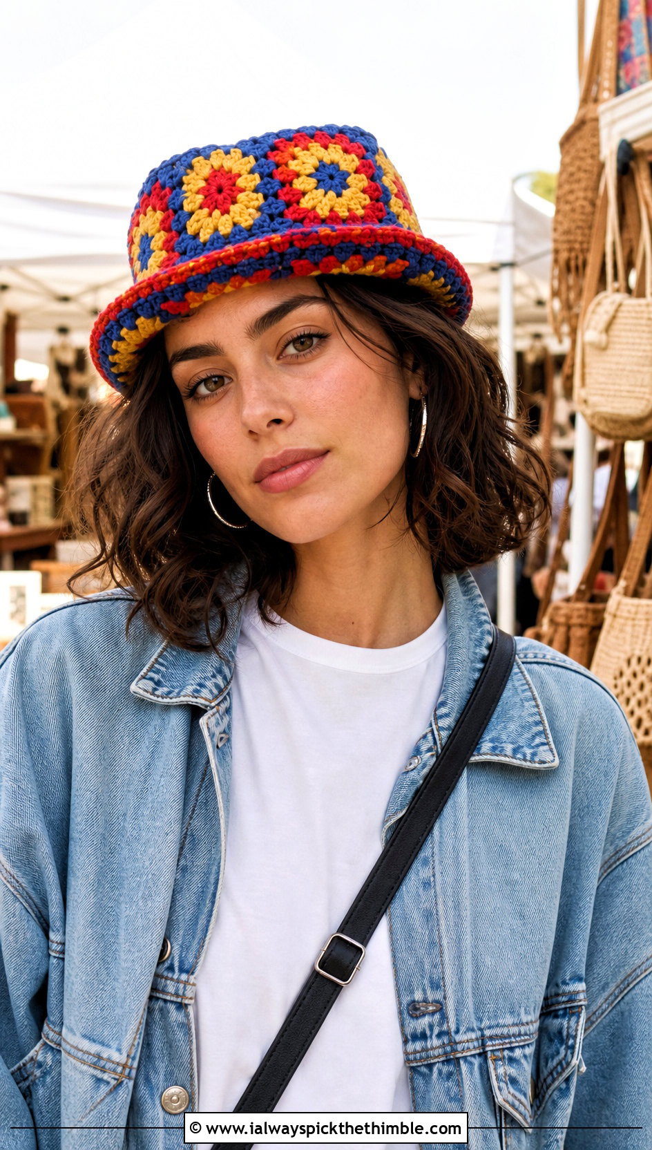 Granny Square Crochet Pork Pie Hat With Denim Jacket - 20 crochet pork pie hat outfit ideas