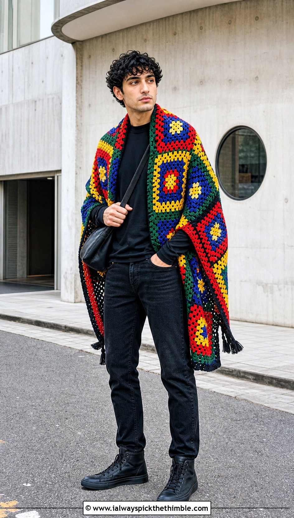 Granny Square Crochet Prayer Shawl With Black Denim - 20 Mens Crochet Prayer Shawl outfit ideas