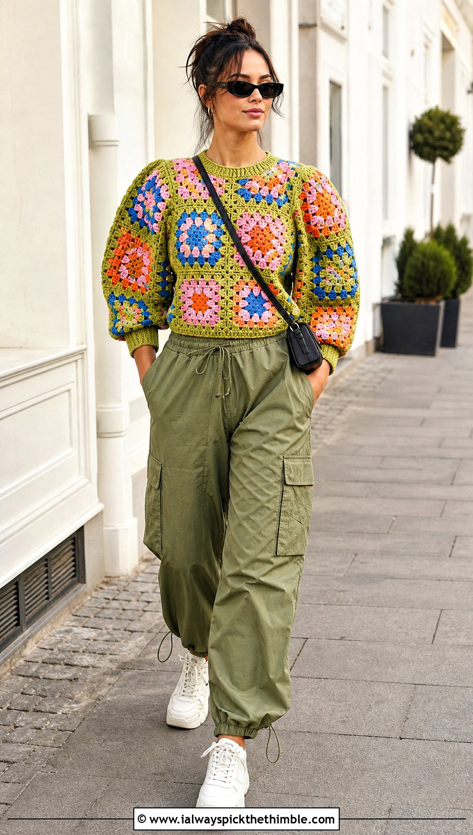 Granny Square Crochet Puff Sleeve Sweater With Cargo Pants - 20 Crochet Puff Sleeve Sweater outfit ideas