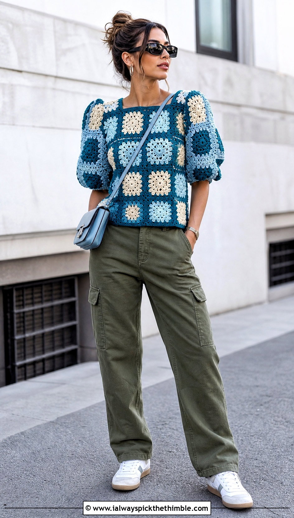 Granny Square Crochet Puff Sleeve Top With Cargo Pants - 25 crochet puff sleeve top outfit ideas