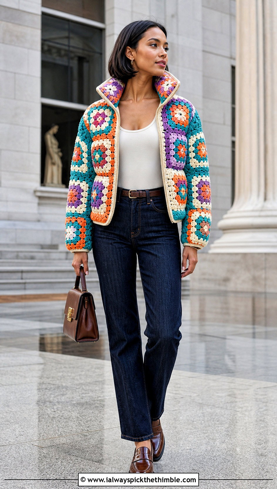 Granny Square Crochet Puffer Jacket With Straight Leg Jeans - 25 crochet puffer jacket outfit ideas