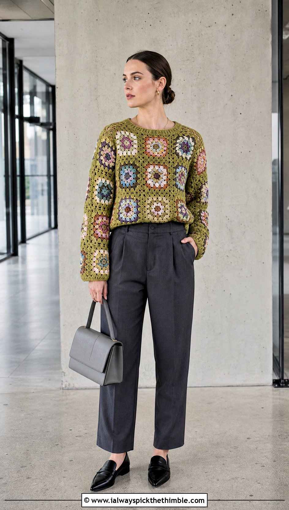 Granny Square Crochet Pullover Sweater With Tailored Trousers - 15 crochet for ladies pull over sweaters outfit ideas