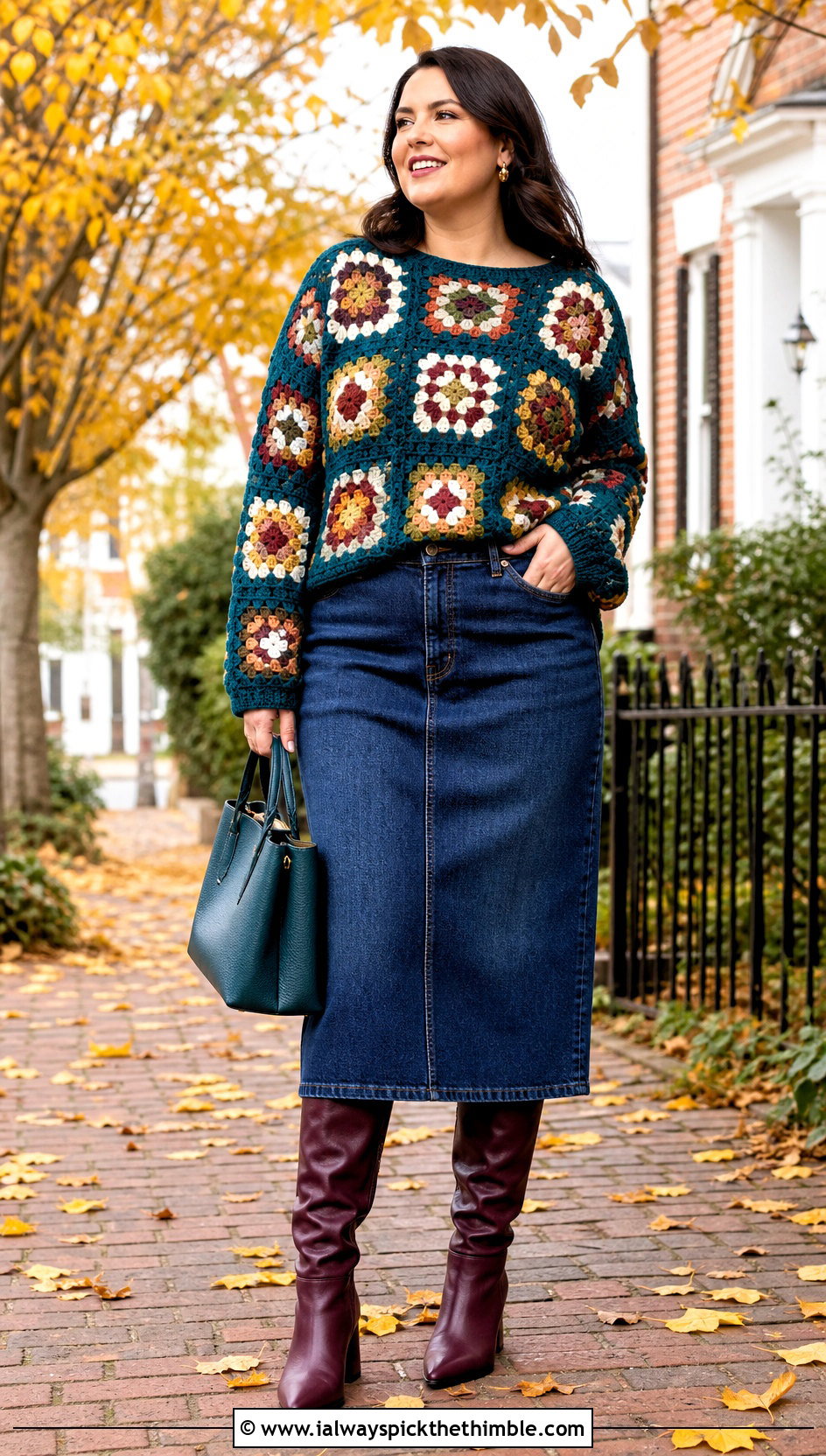 Granny Square Crochet Pullover With Dark Denim Skirt - 20 women crochet pullover outfit ideas