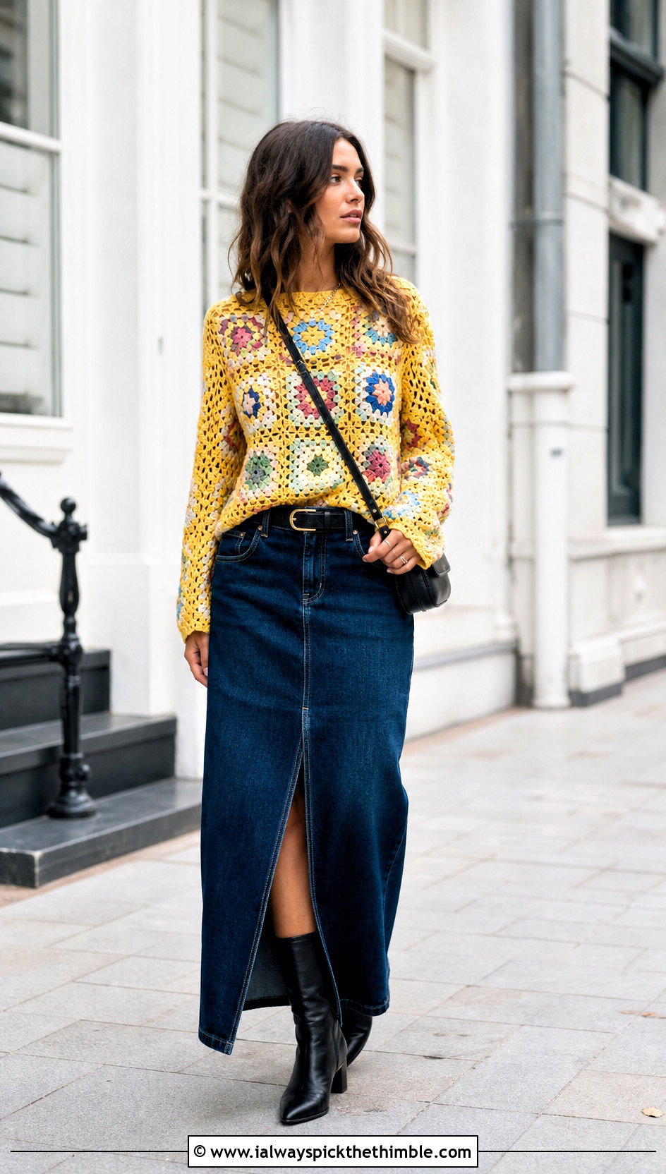 Granny Square Crochet Pullover With Denim Maxi Skirt - 20 crochet sweater and skirt outfit ideas