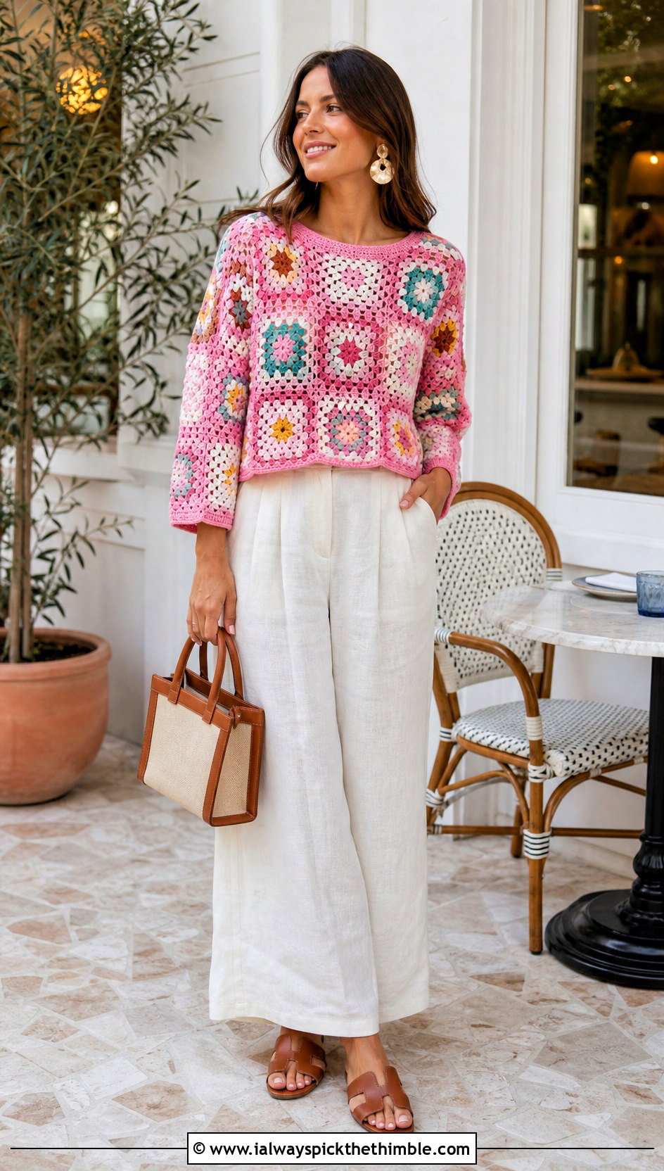Granny Square Crochet Pullover With Linen Trousers - 25 crochet pullover outfit ideas