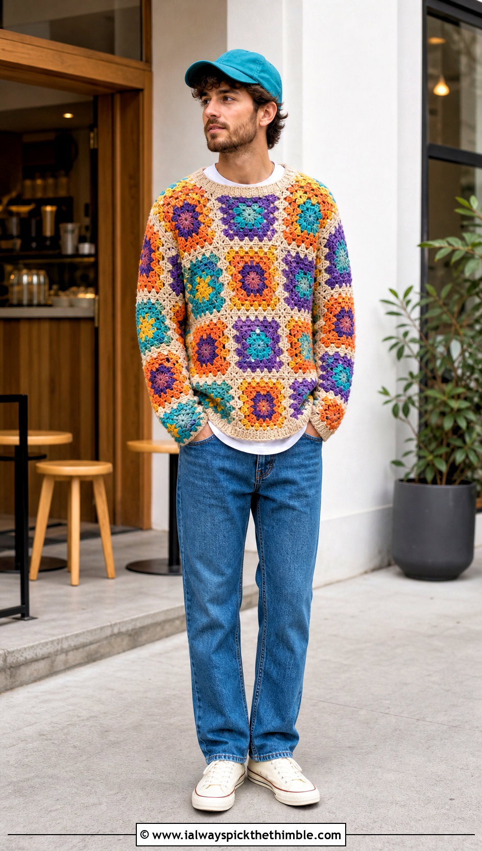 Granny Square Crochet Pullover With Straight Jeans - 25 crochet man sweaters outfit ideas
