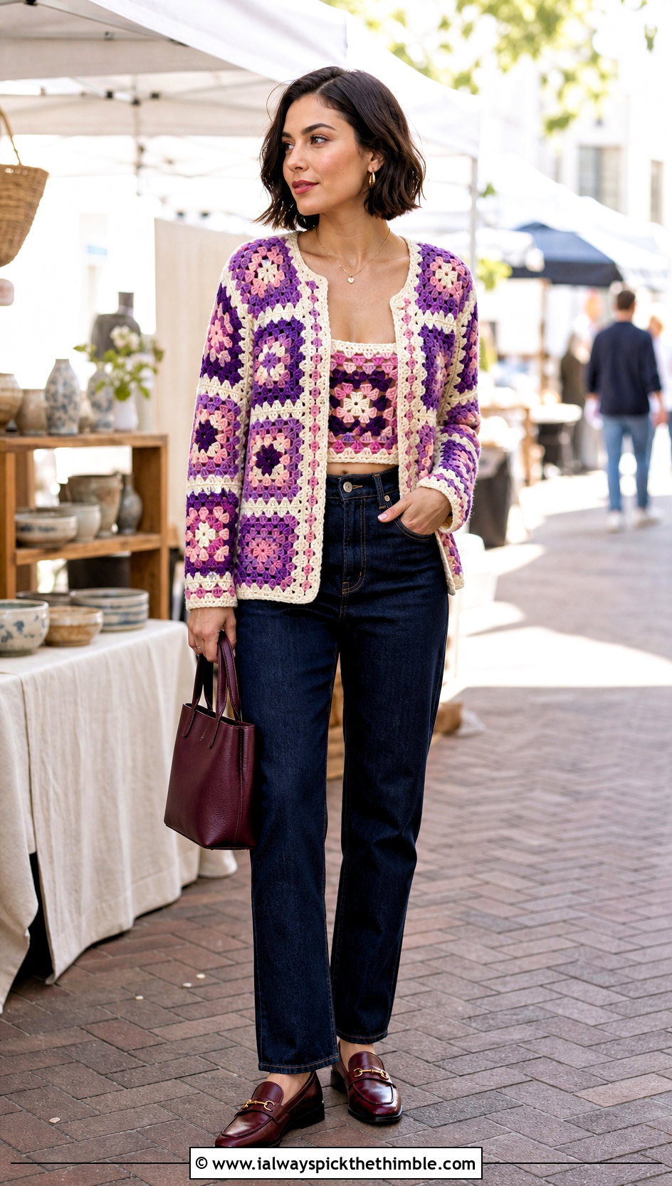 Granny Square Crochet Pullover With Straight Jeans - 20 Easy Crochet Pullover outfit ideas