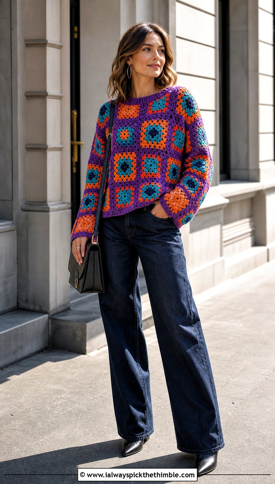 Granny Square Crochet Pullover With Wide Leg Jeans - 15 Sweaters To Crochet For Women outfit ideas