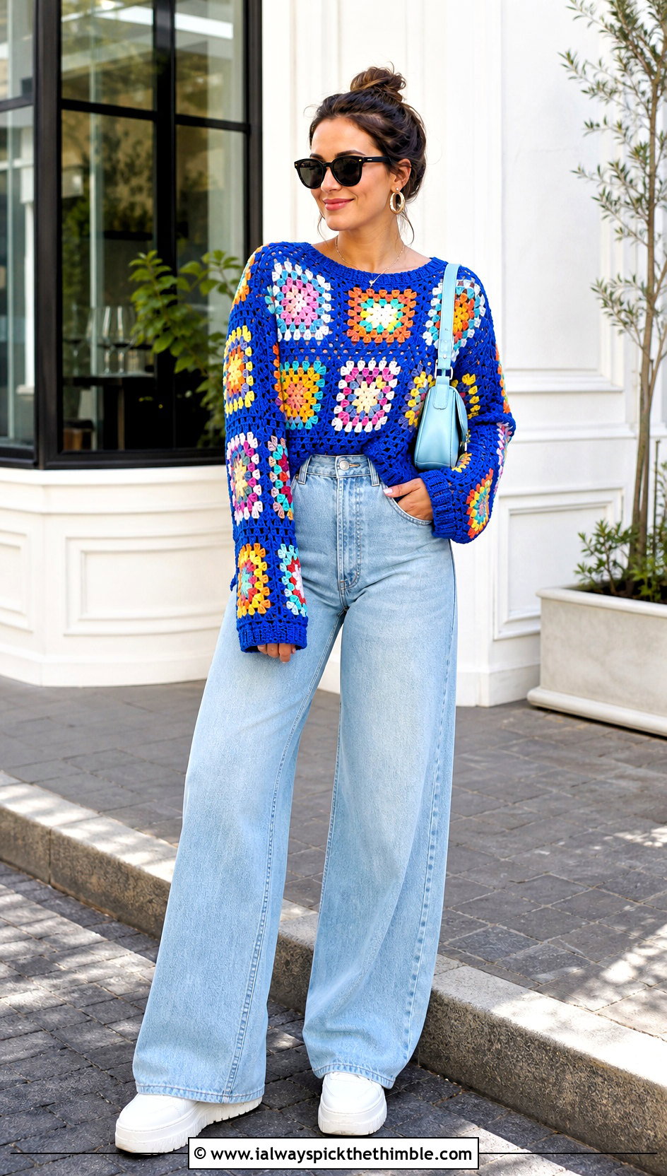 Granny Square Crochet Pullover With Wide Leg Jeans - 15 vibrant crochet sweater design outfit ideas